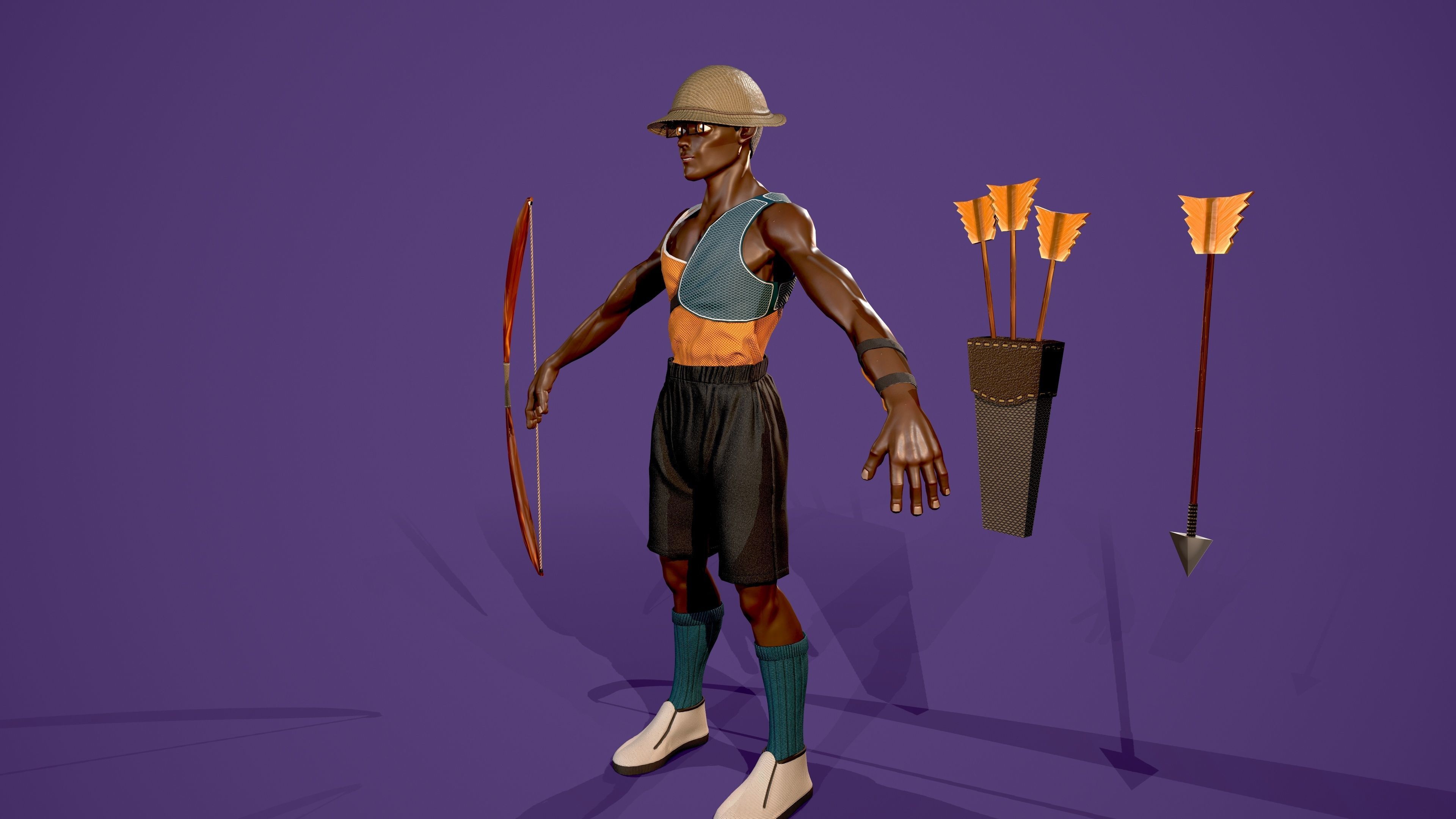 Archer african man with bow and arrow Low-poly 3D model_8