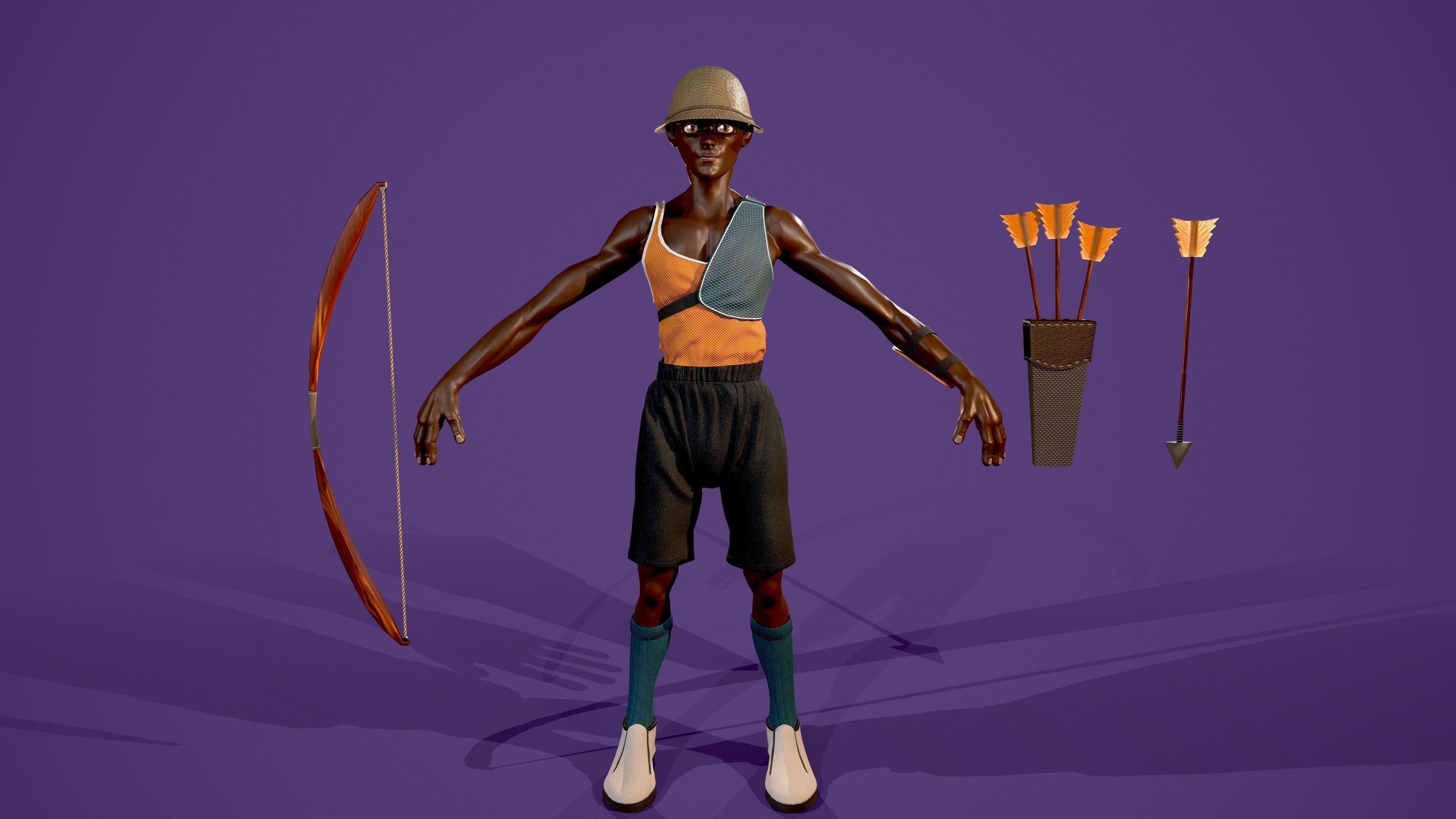 Archer african man with bow and arrow Low-poly 3D model_1