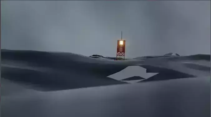 Ocean lighthouse in middle of snowy field