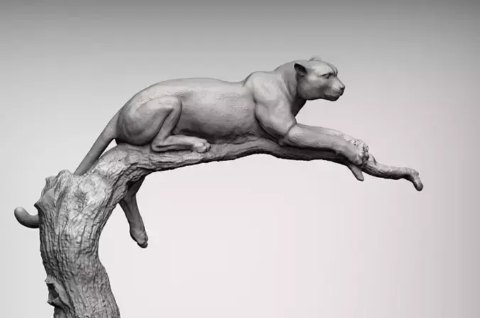 cheetah sculpture of cat jumping off tree 3D print model