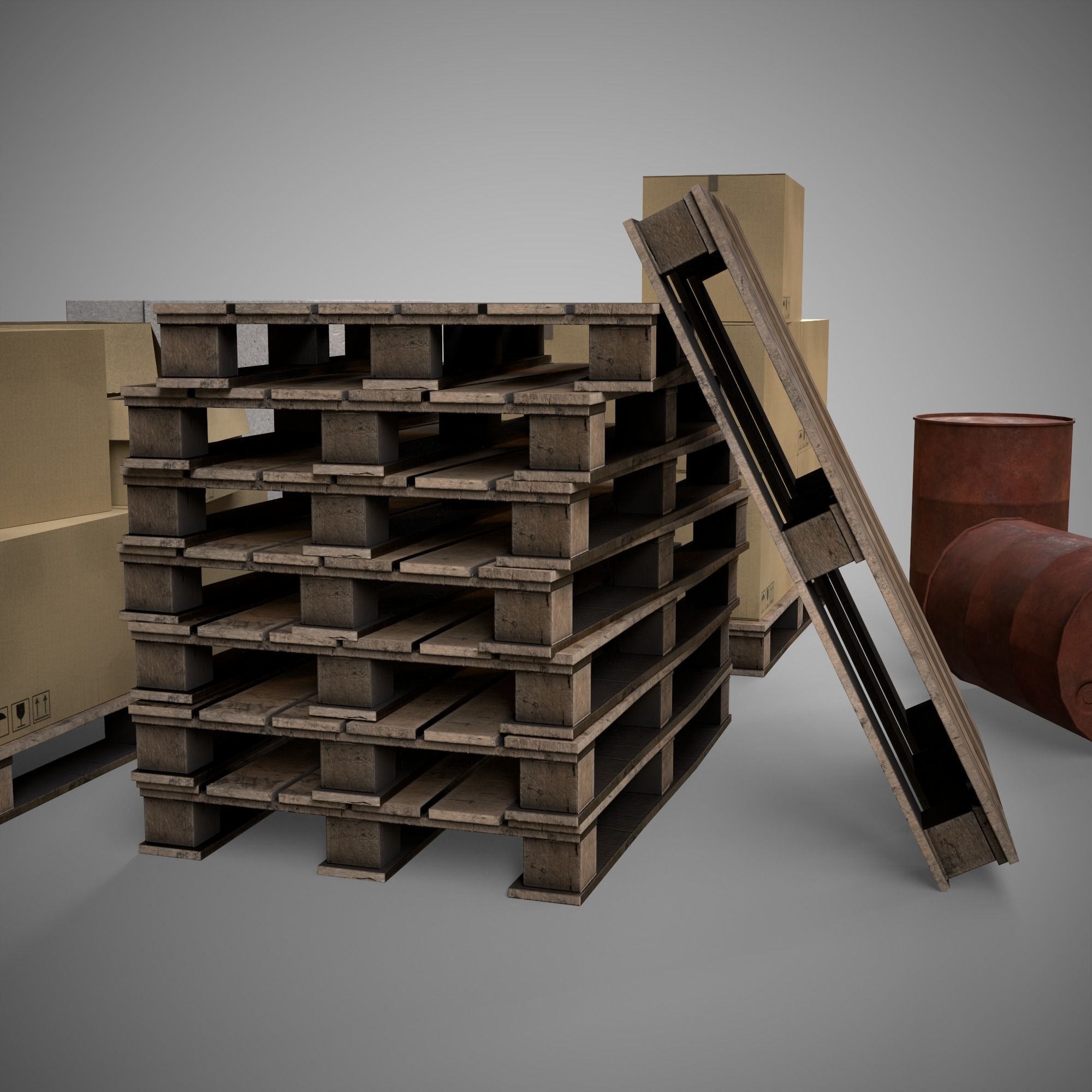 Set of different materials boxes  pallets  blocks barrels Low-poly 3D model_5