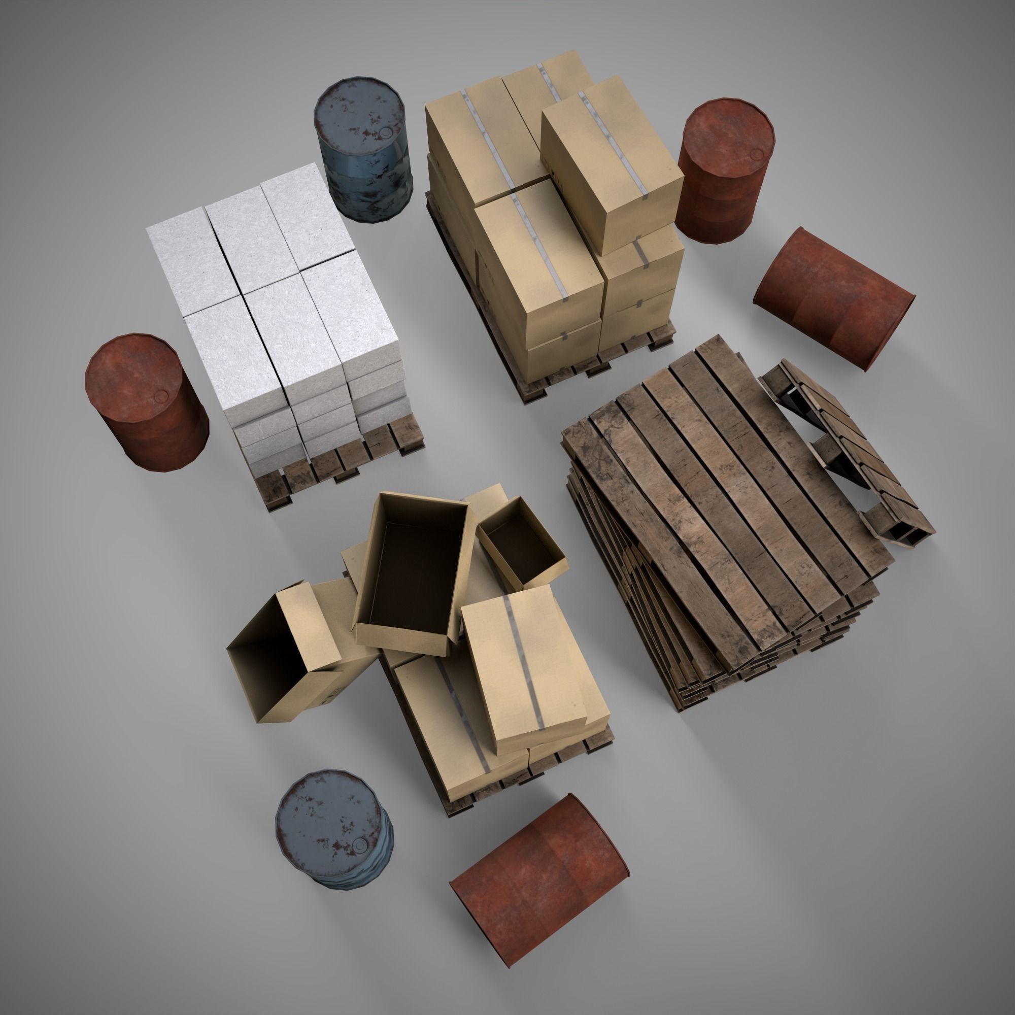 Set of different materials boxes  pallets  blocks barrels Low-poly 3D model_3