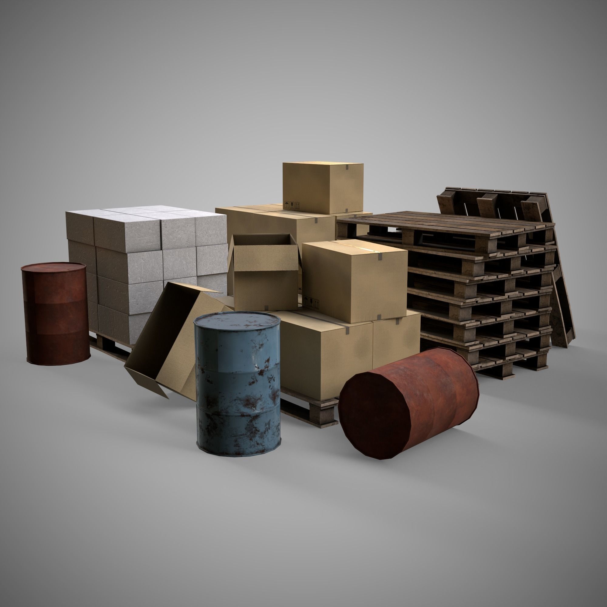 Set of different materials boxes  pallets  blocks barrels Low-poly 3D model_2