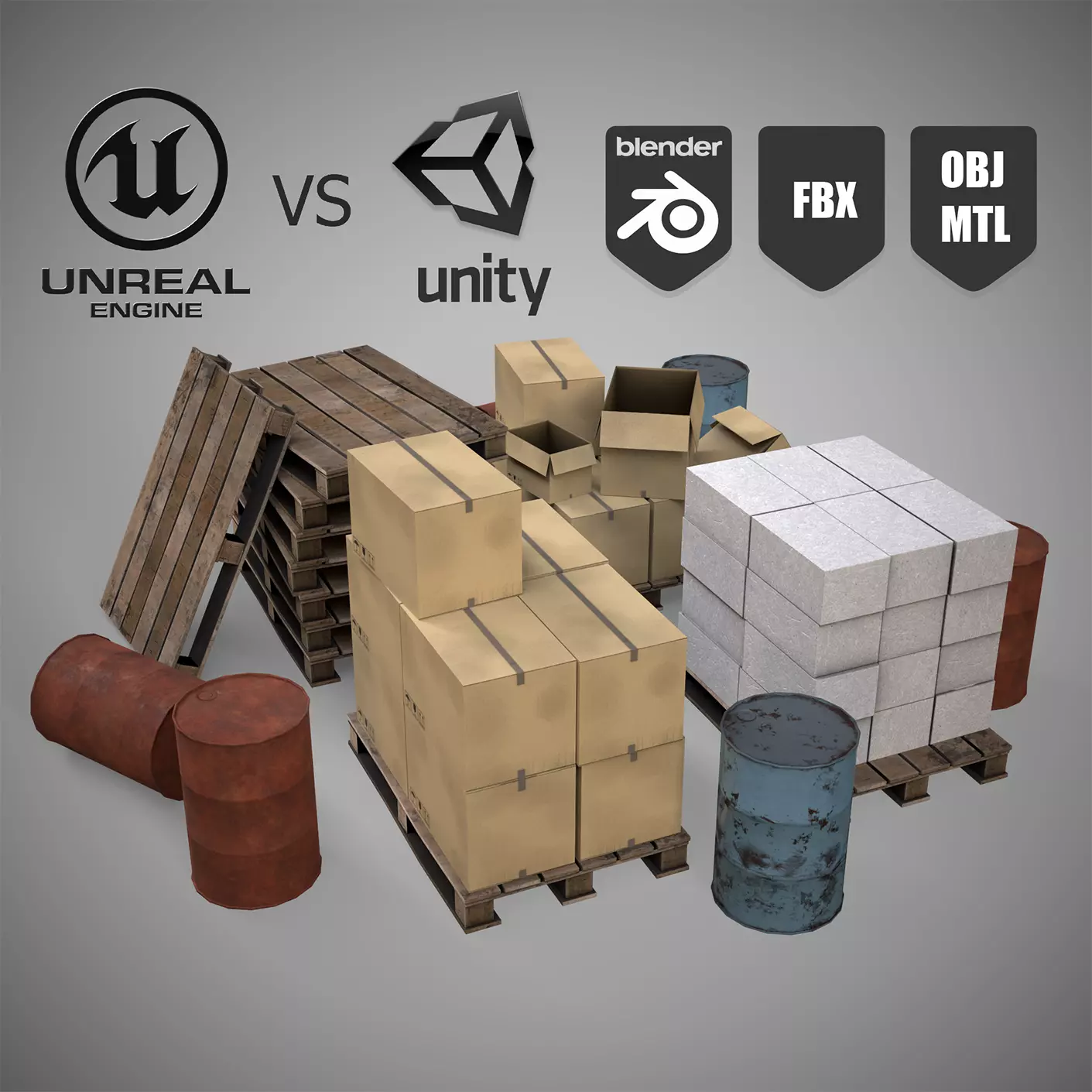 Set of different materials boxes  pallets  blocks barrels Low-poly 3D model_0