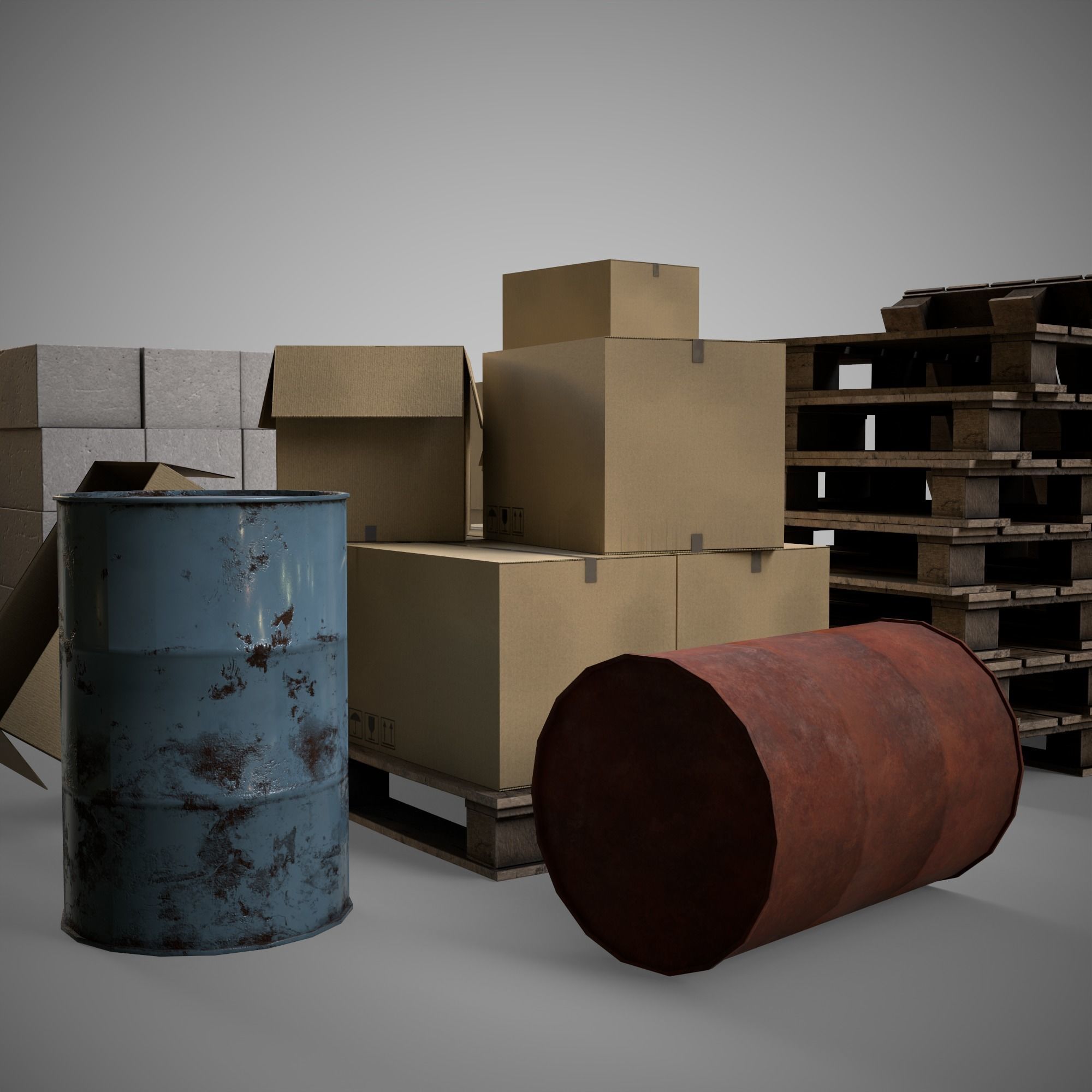 Set of different materials boxes  pallets  blocks barrels Low-poly 3D model_4