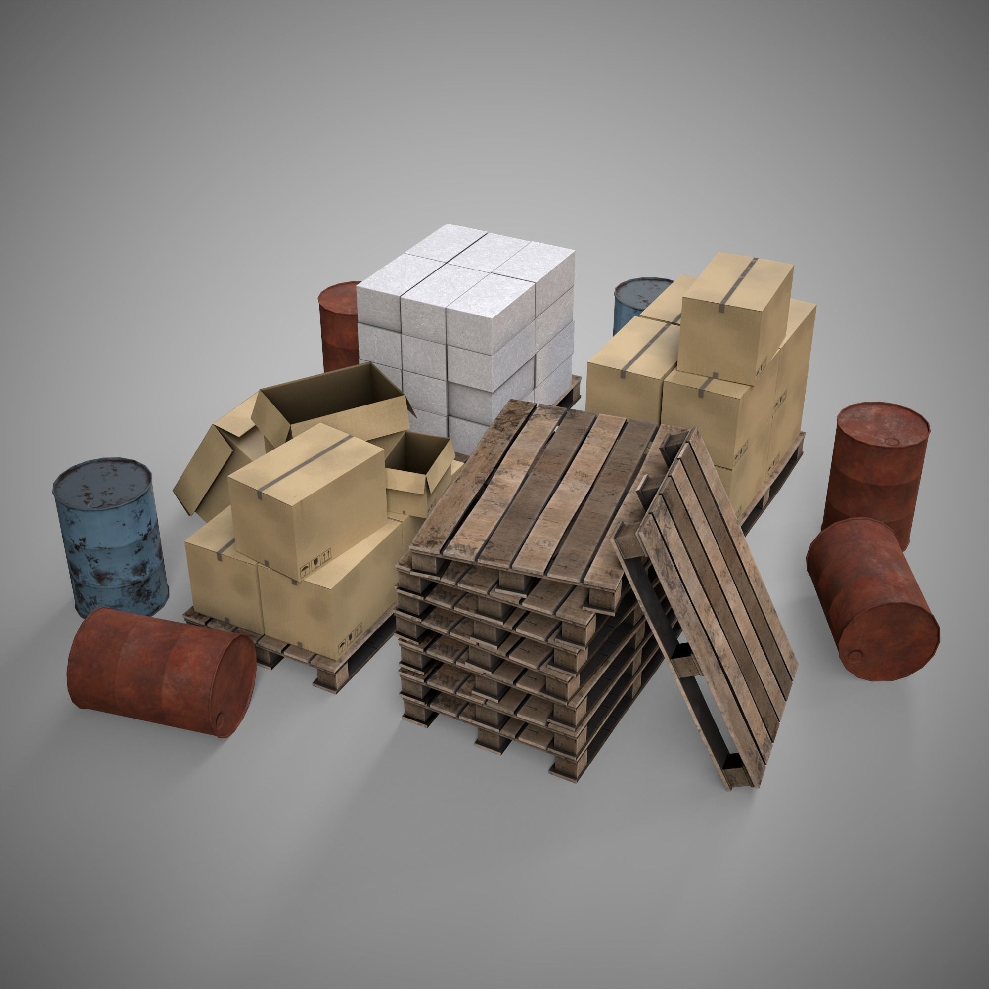 Set of different materials boxes  pallets  blocks barrels Low-poly 3D model_1