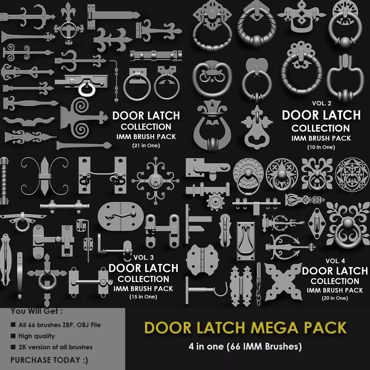 DOOR LATCH MEGA PACK 4 IN ONE 66 BRUSHES 3D model_0