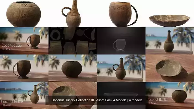 Coconut Cutlery Collection 3D Asset Pack 4 Models