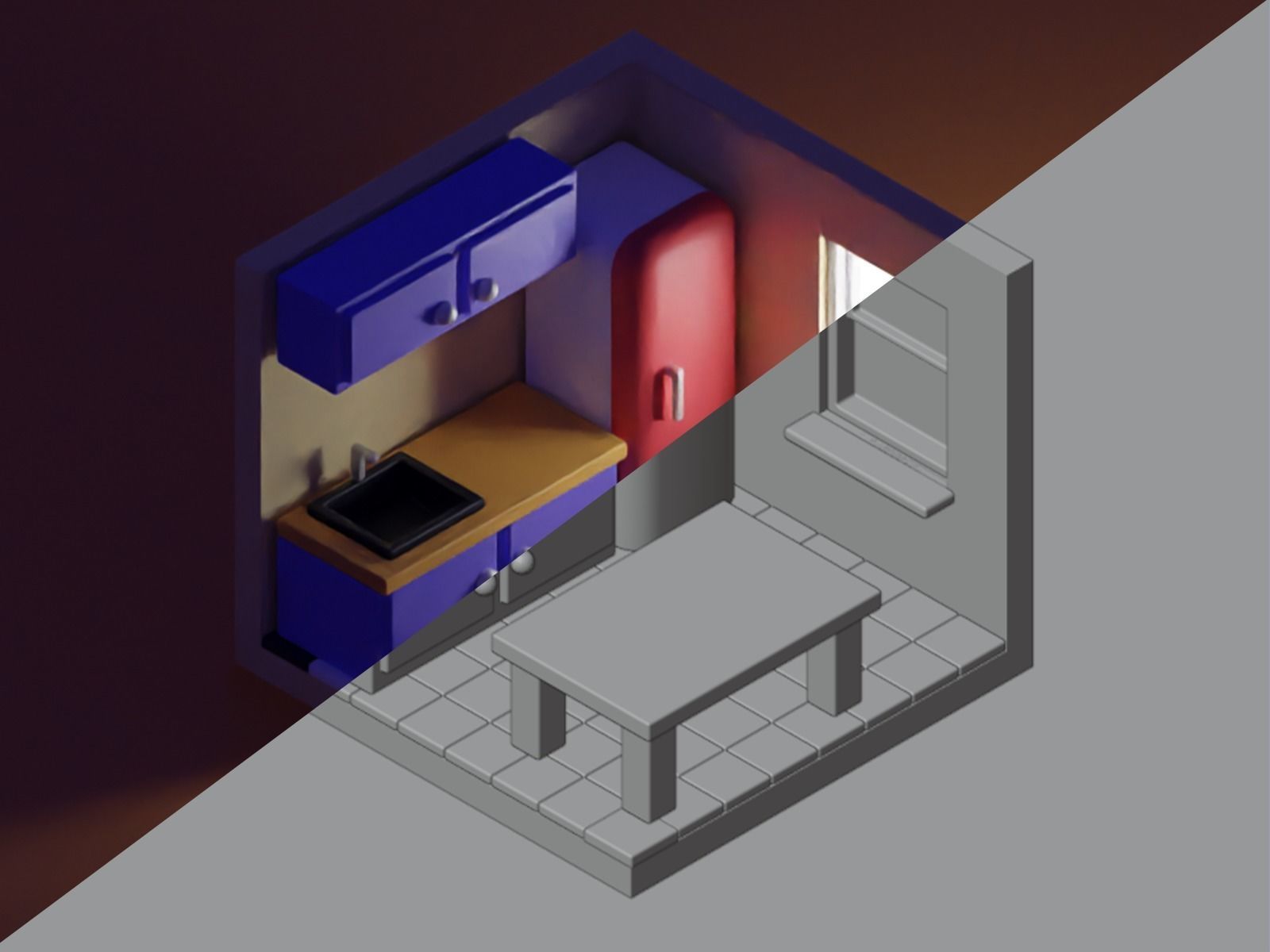 Isometric Kitchen Low-poly 3D model_1