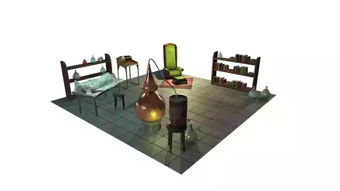 Old magic laboratory library game ready stylized asset