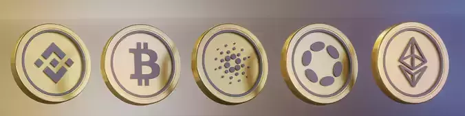 ETH BTC CARDANO DOT ETHEREUM low poly 3d coins made in blender 