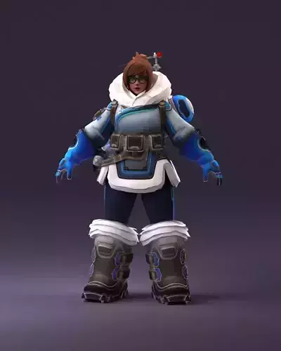 000972 cartoon woman in blue winter coat