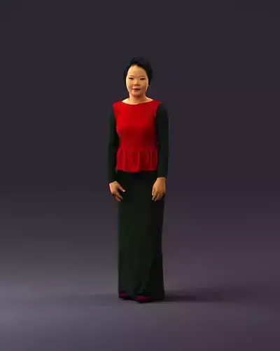 000988 Asian woman in red and black dress