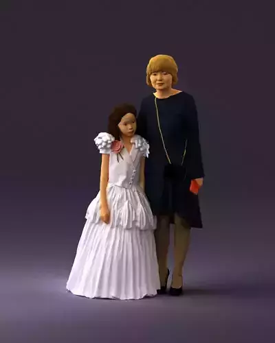 000990 Asian woman in blue dress girl in white dress