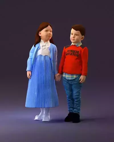 000996 little boy in red and little girl together