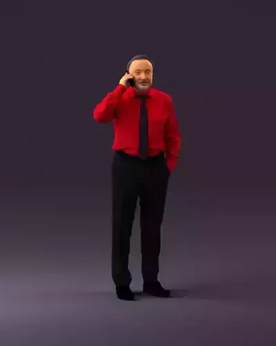 001004 man in red tshirt black tie phone talking