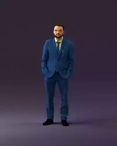 001019 beard man in blue suit hands in pockets