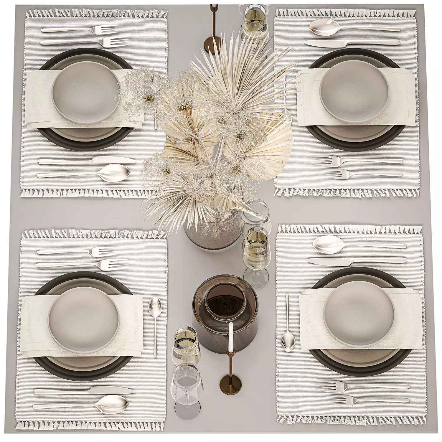 Table setting for 4 persons with a bouquet of dried flowers 31 3D model_0