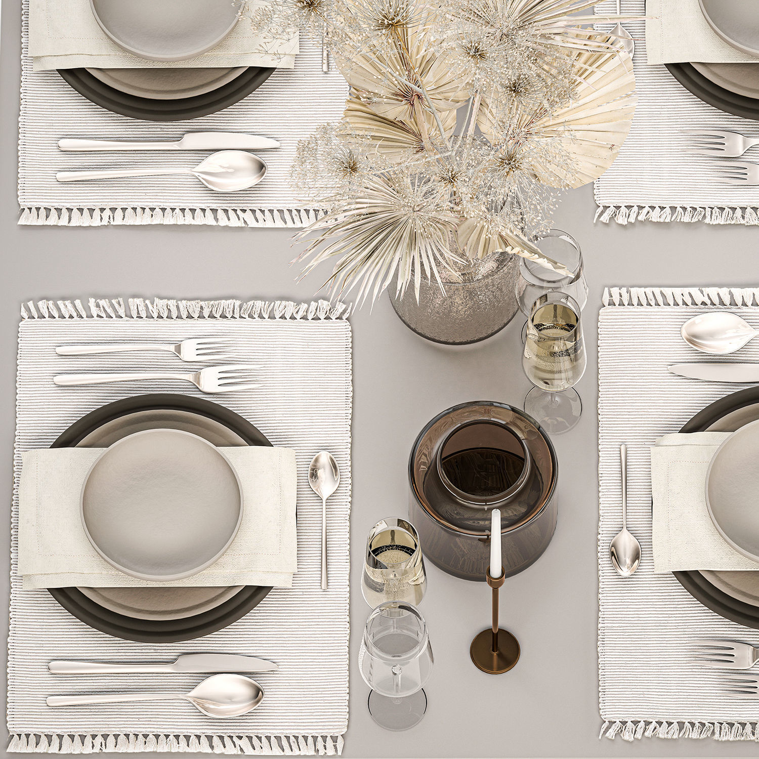 Table setting for 4 persons with a bouquet of dried flowers 31 3D model_3