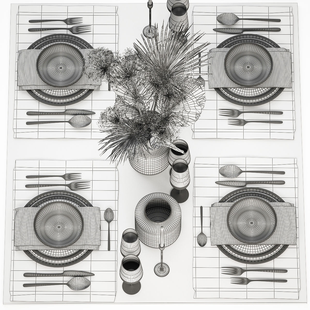 Table setting for 4 persons with a bouquet of dried flowers 31 3D model_8