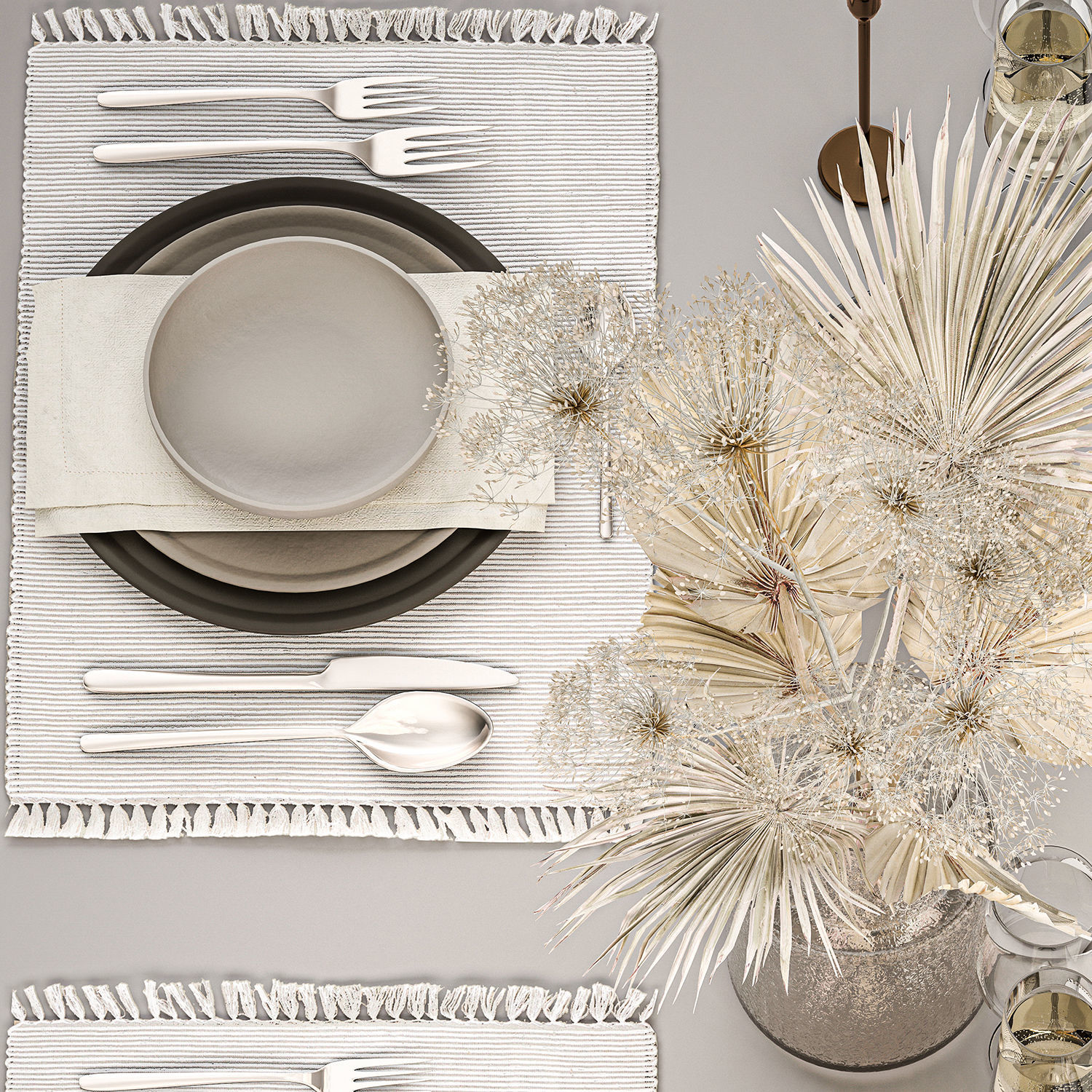 Table setting for 4 persons with a bouquet of dried flowers 31 3D model_4