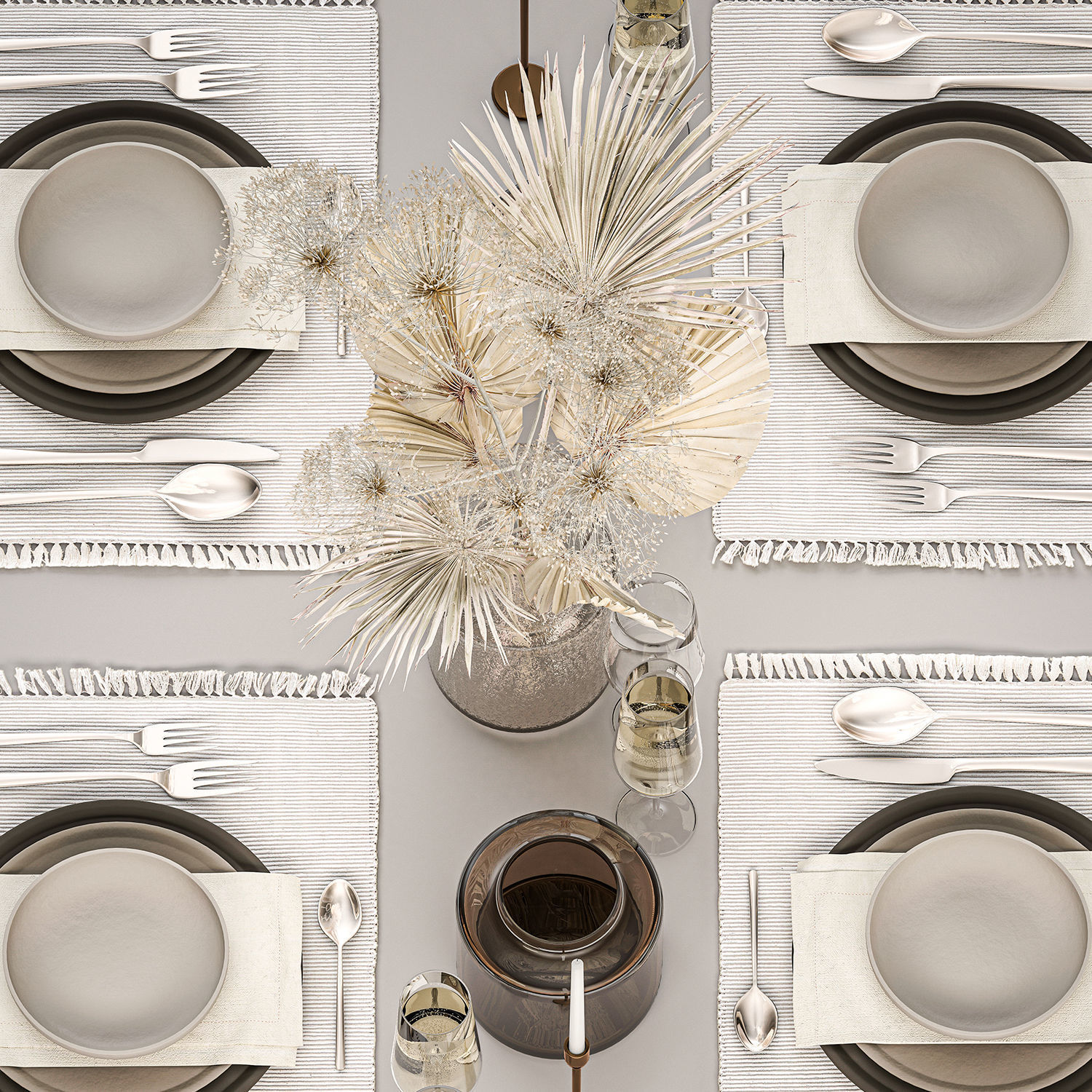 Table setting for 4 persons with a bouquet of dried flowers 31 3D model_2