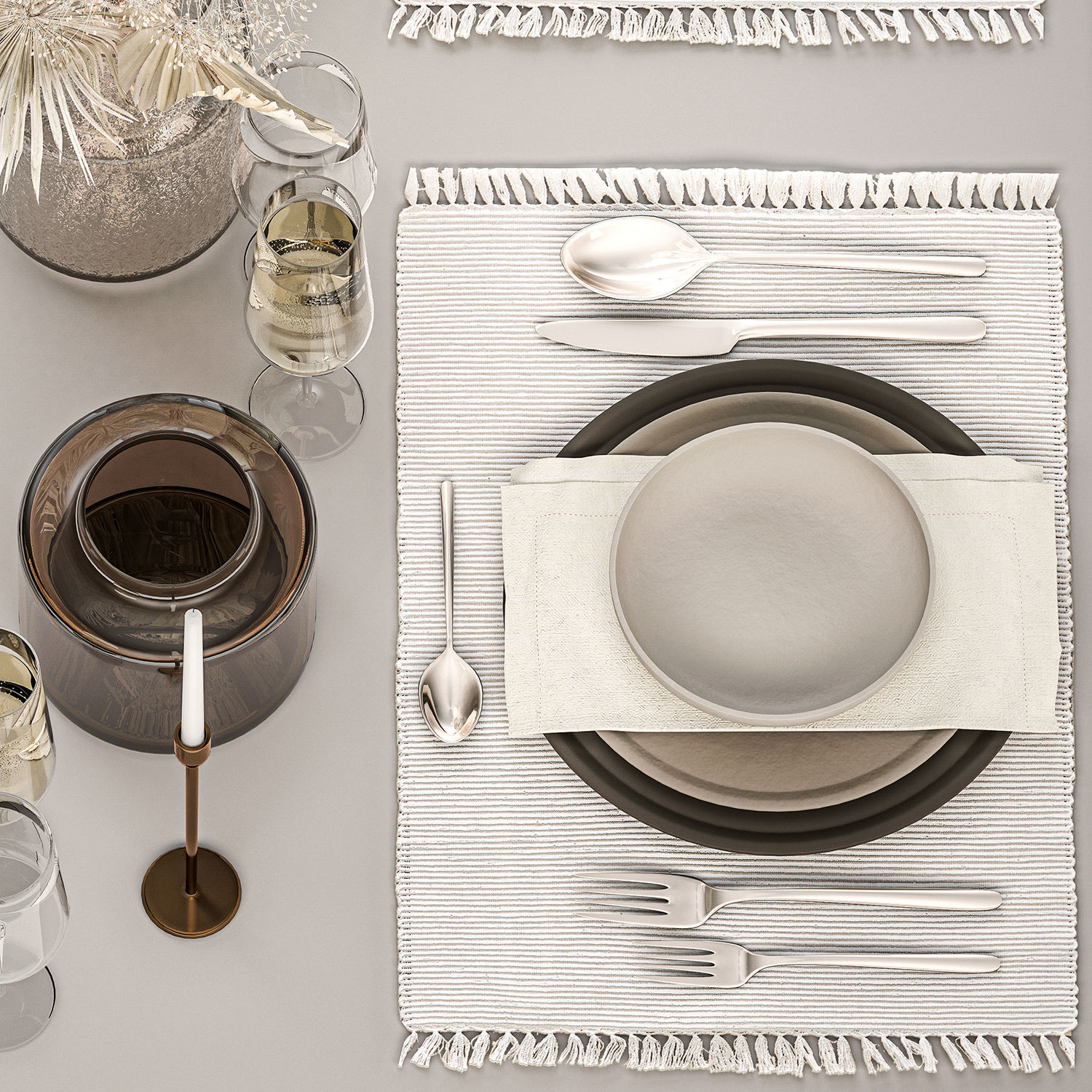 Table setting for 4 persons with a bouquet of dried flowers 31 3D model_6