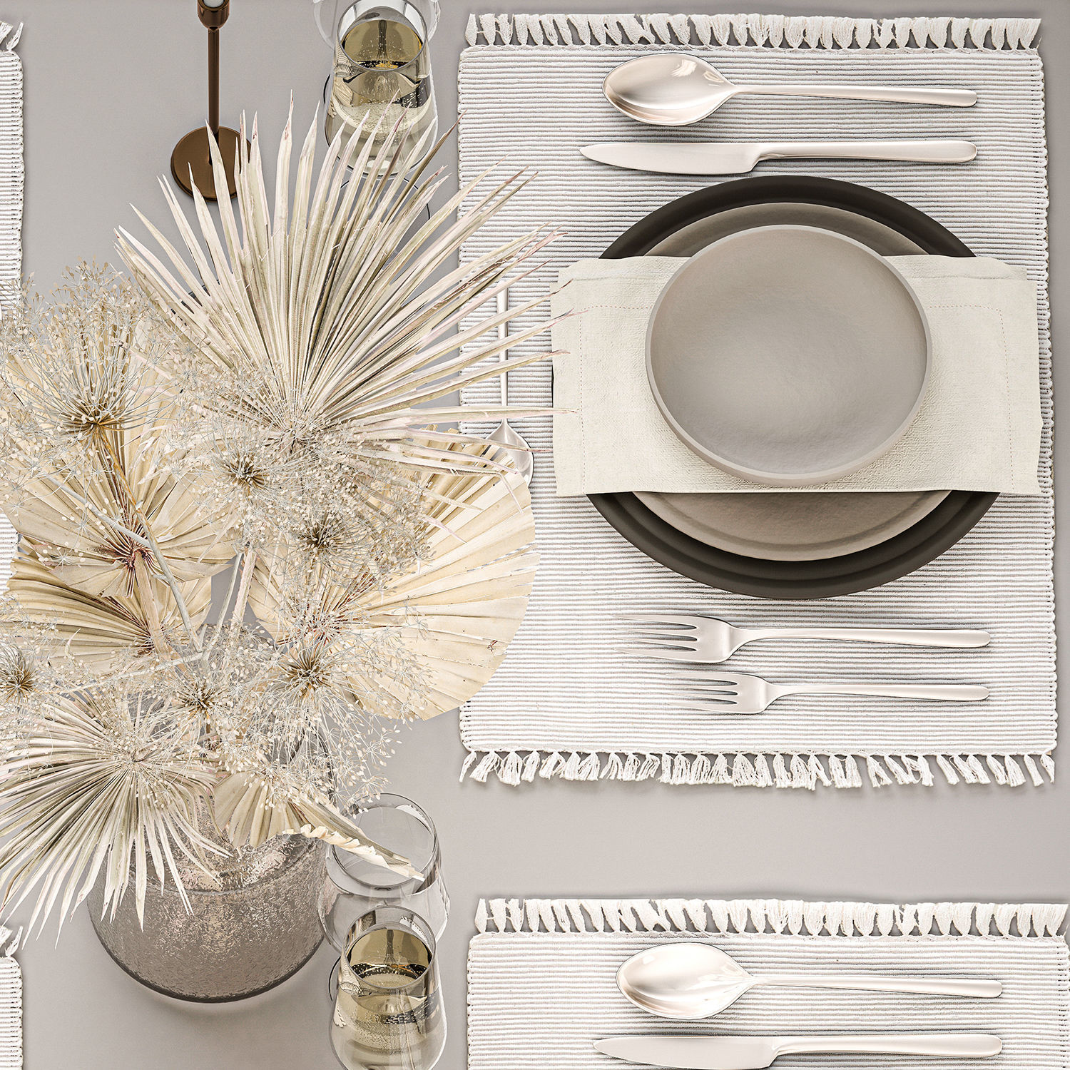 Table setting for 4 persons with a bouquet of dried flowers 31 3D model_5