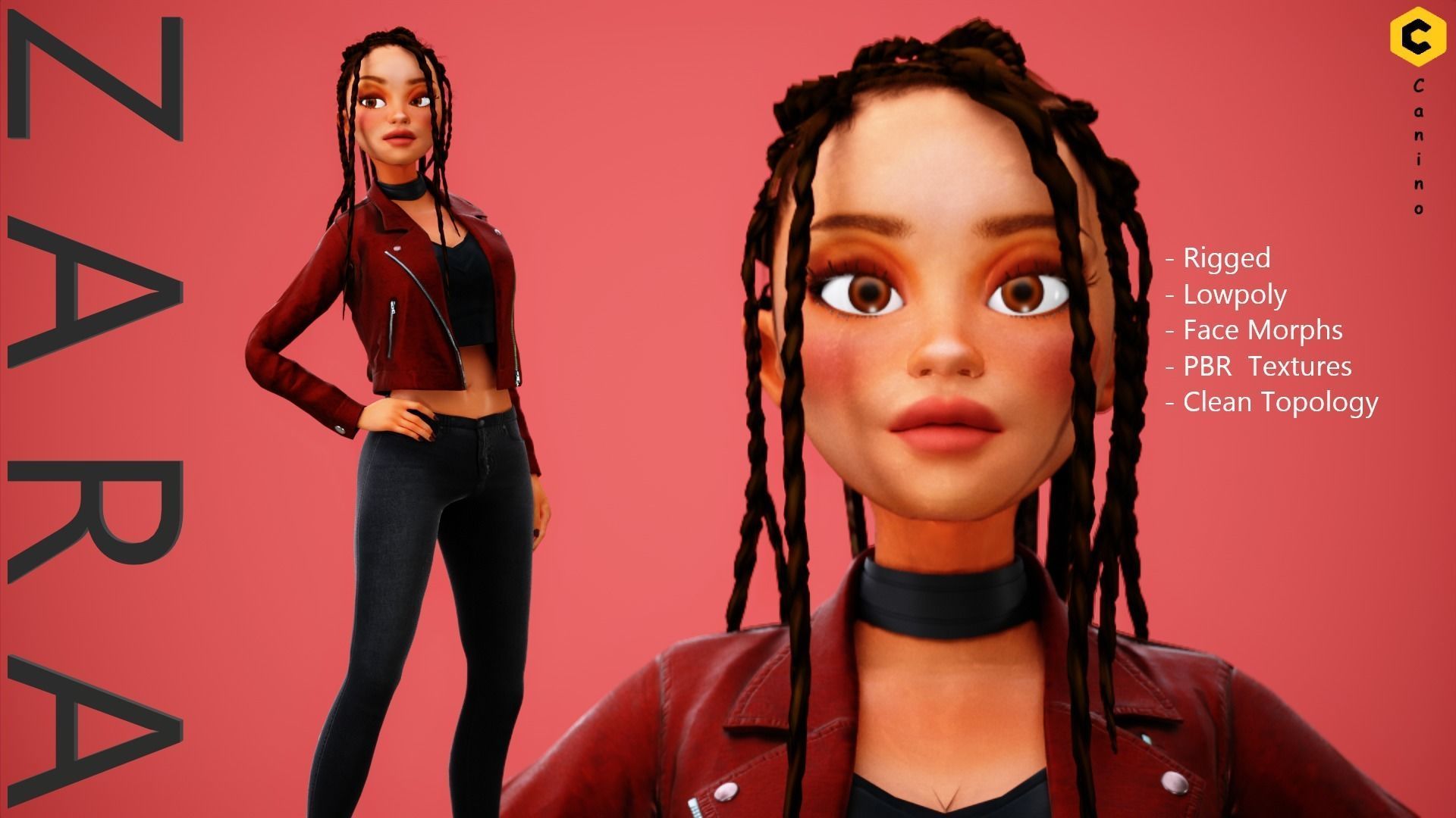 Game Cartoon Girl Zara Character rigged Low-poly 3D model_1