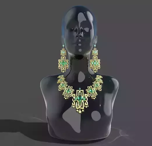 jwellery gold necklace and earrings set on mannequin