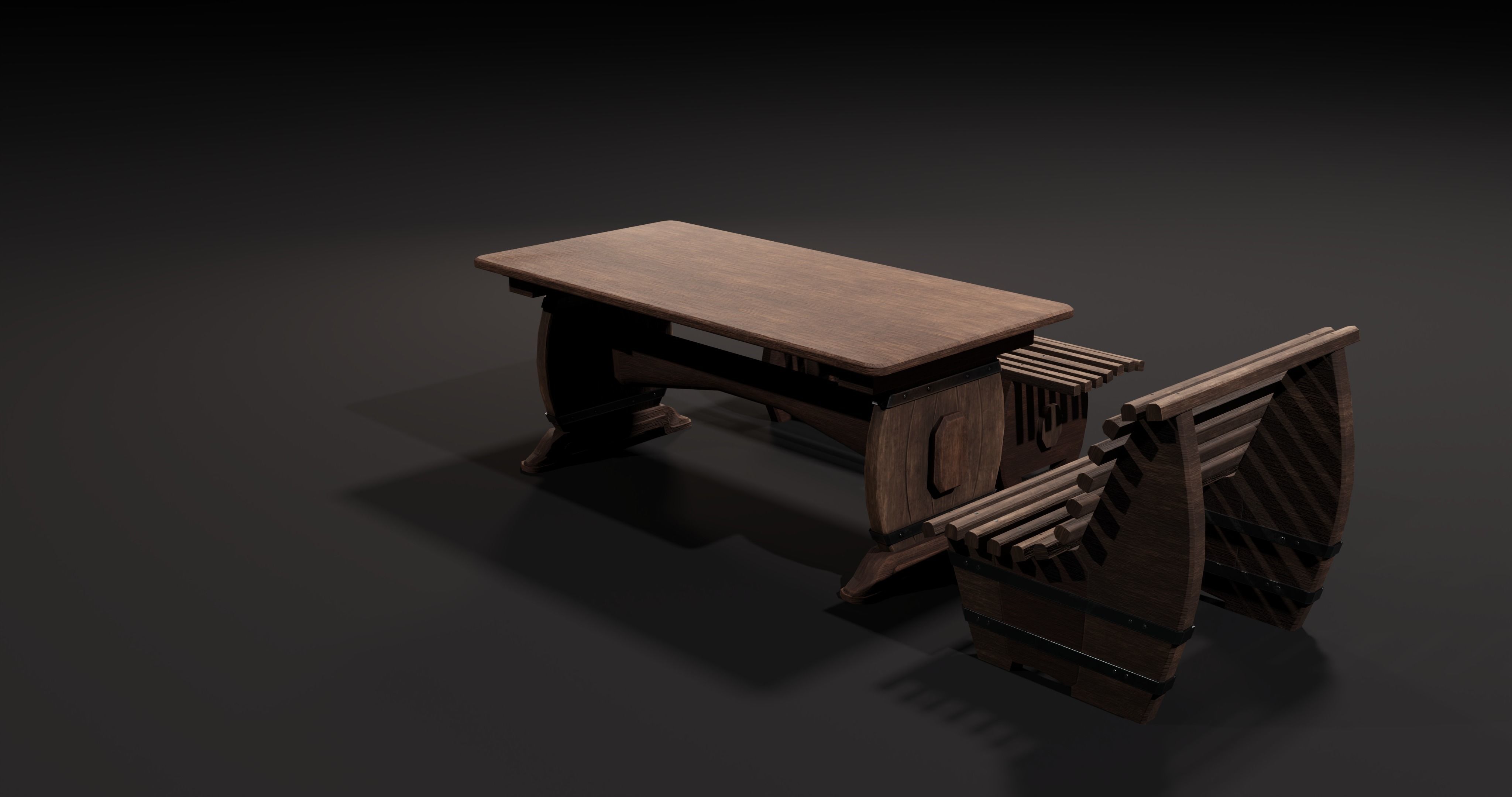 Wooden table with benches 3D Model Collection_9