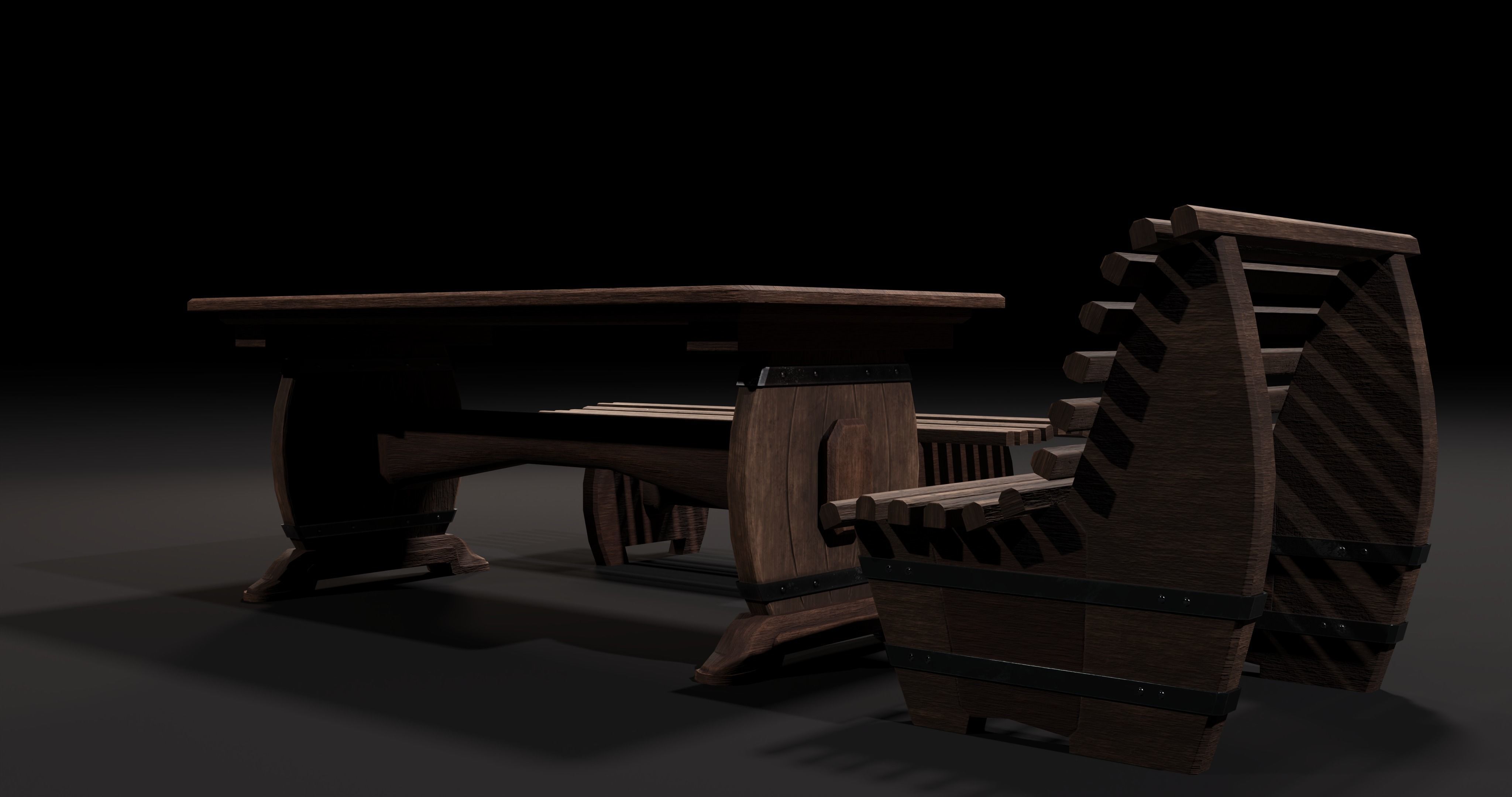 Wooden table with benches 3D Model Collection_11