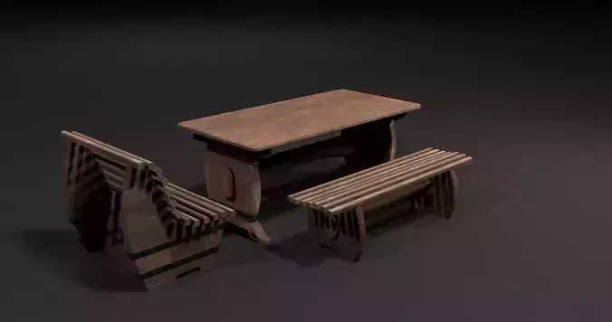 Wooden table with benches 3D Model Collection