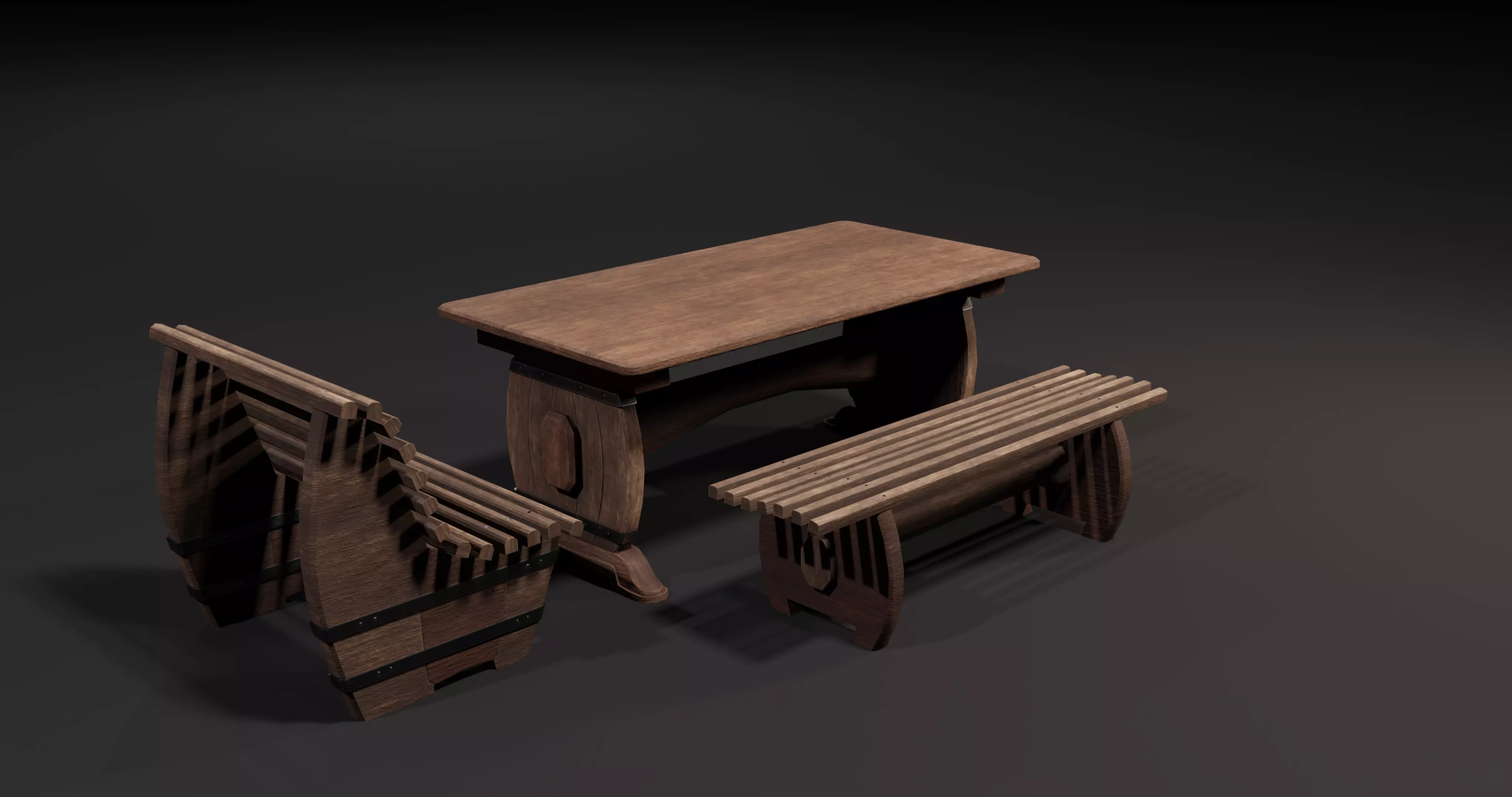 Wooden table with benches 3D Model Collection_0