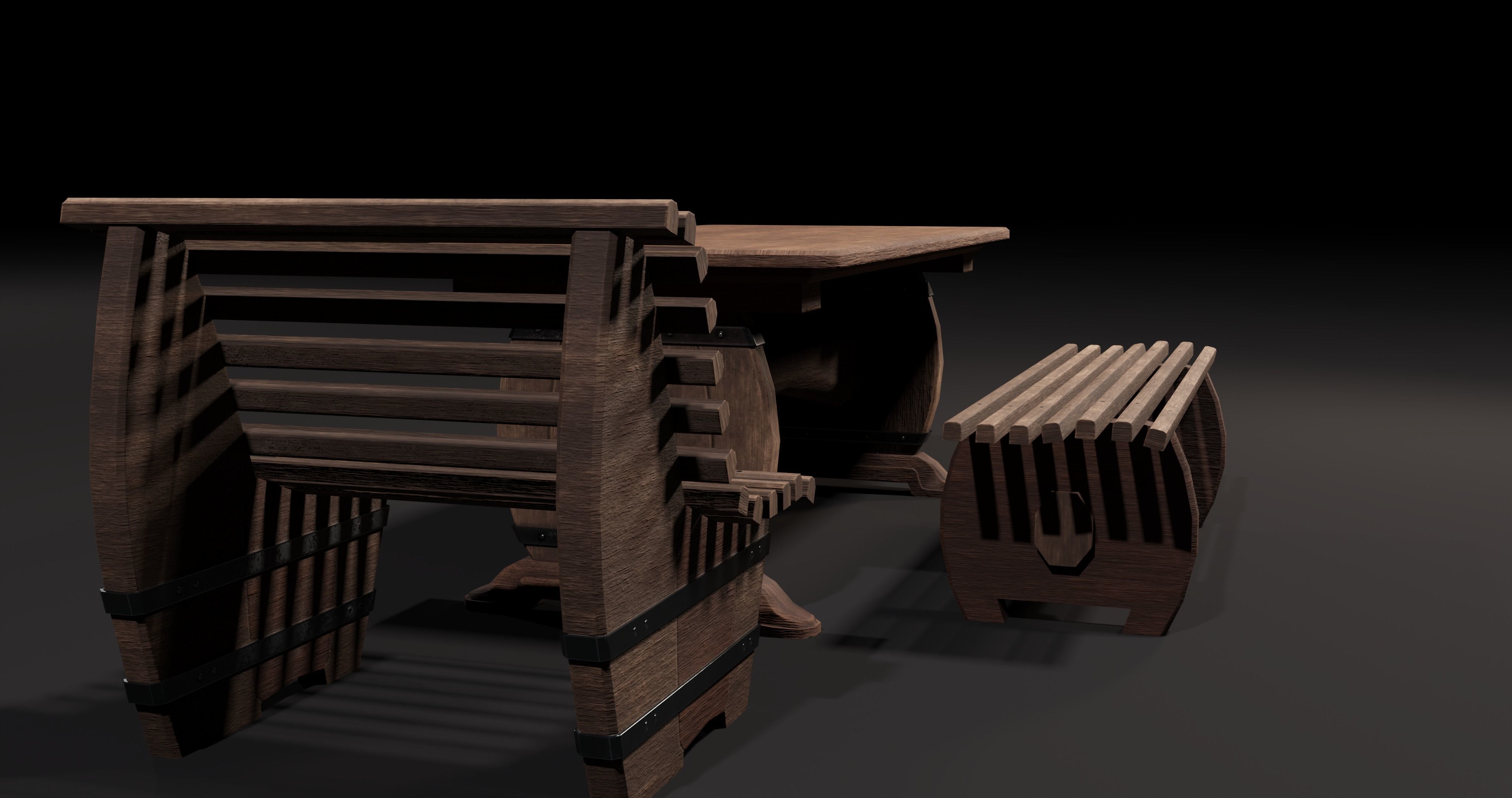 Wooden table with benches 3D Model Collection_13