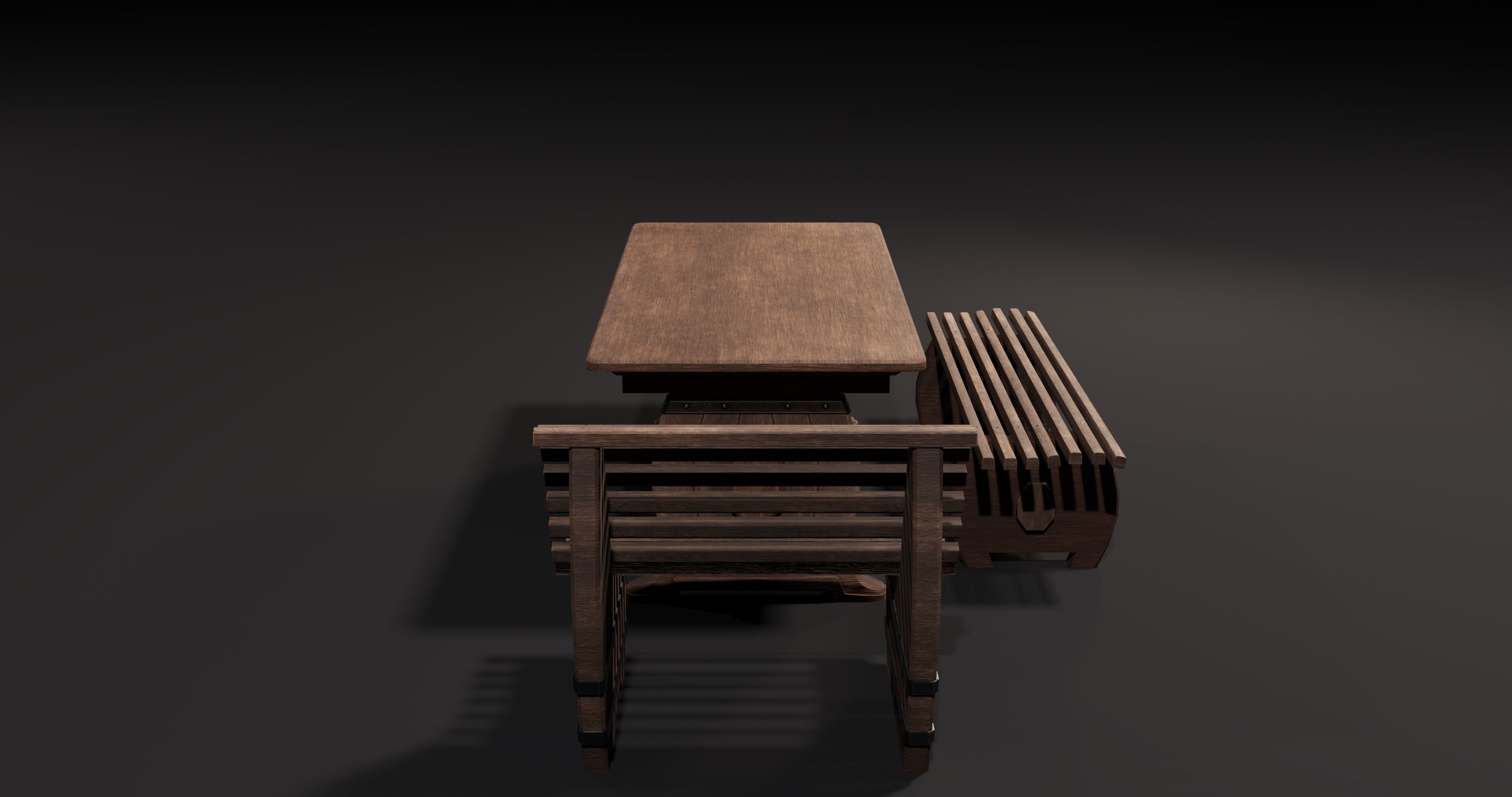 Wooden table with benches 3D Model Collection_8