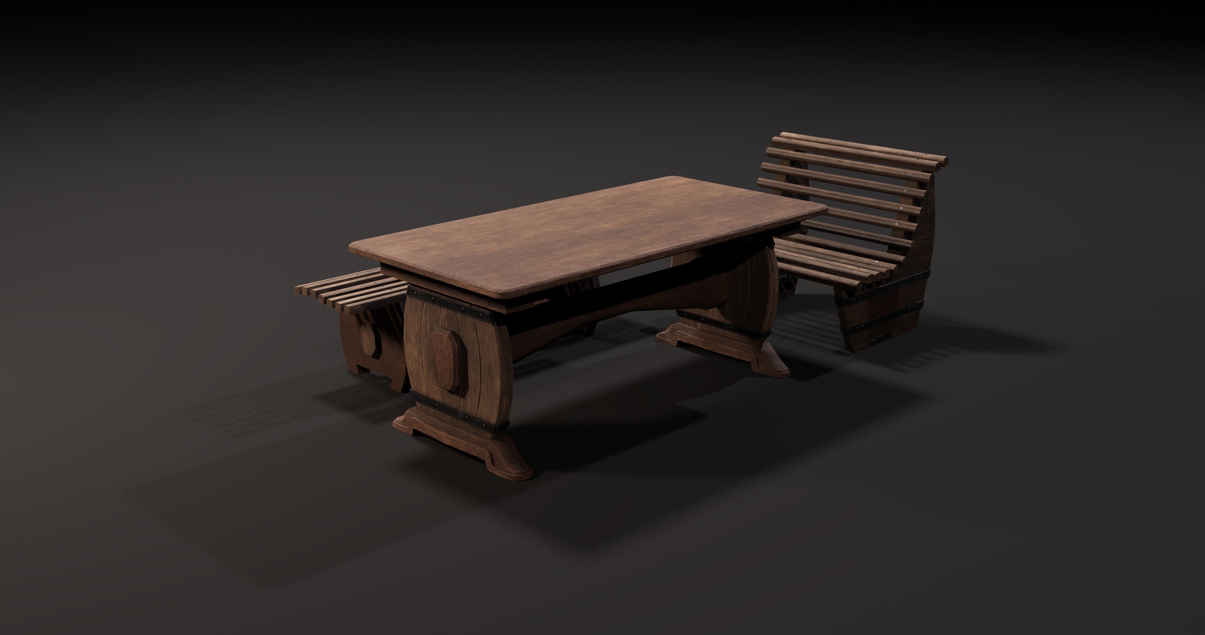 Wooden table with benches 3D Model Collection_7