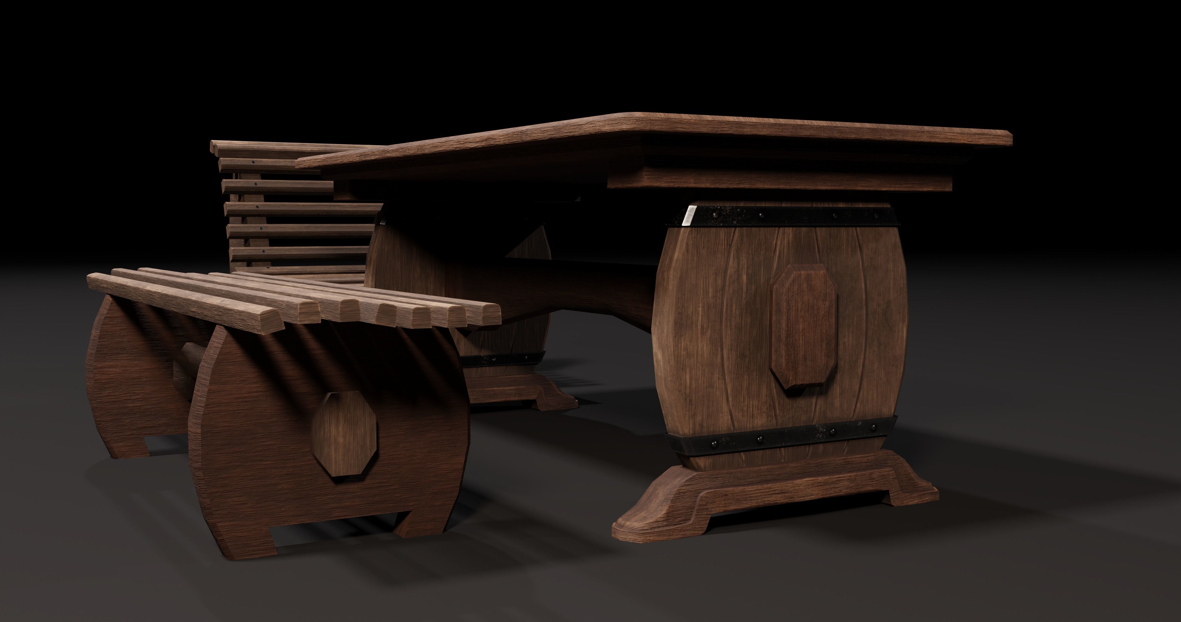 Wooden table with benches 3D Model Collection_12