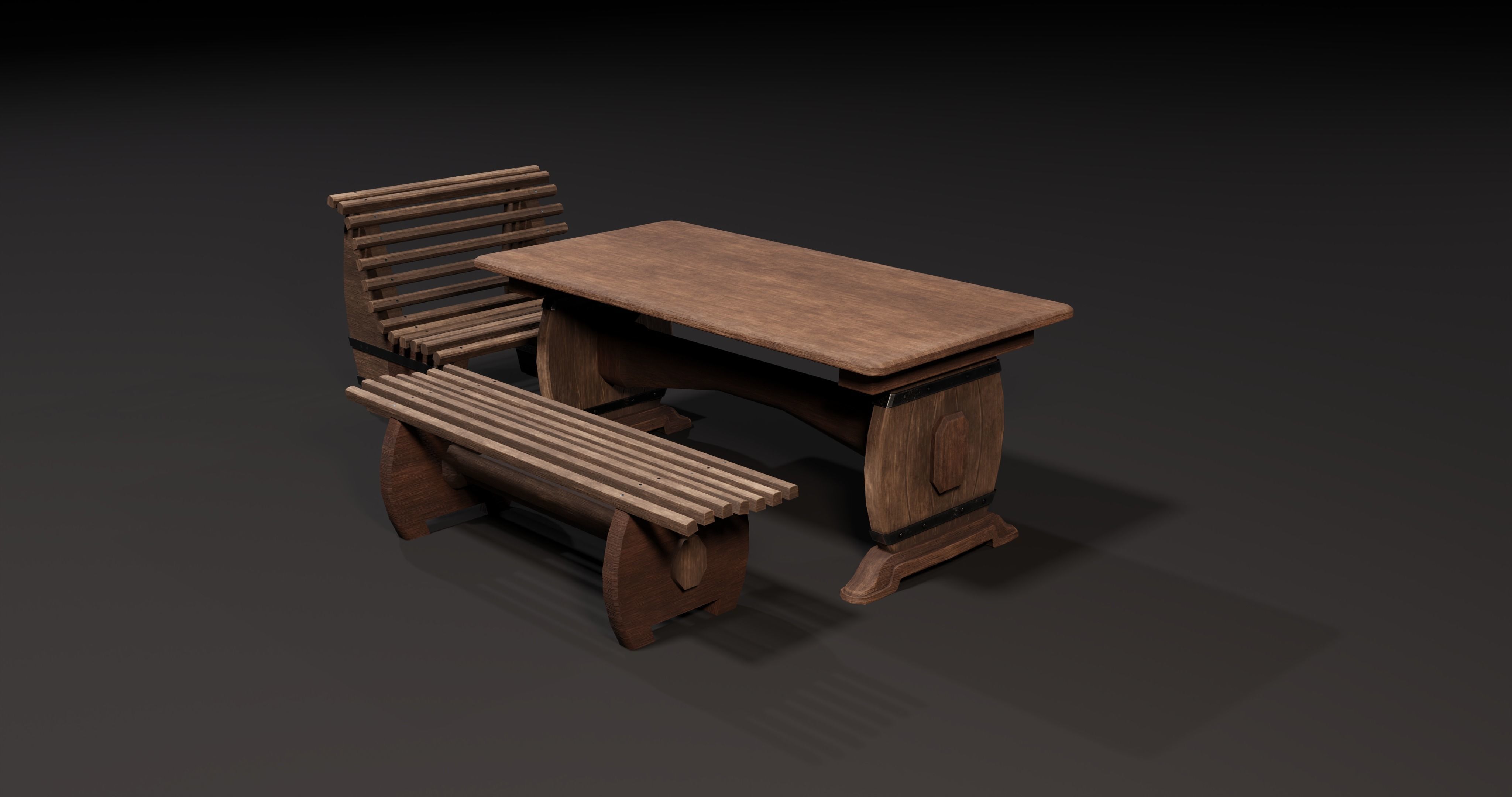 Wooden table with benches 3D Model Collection_10