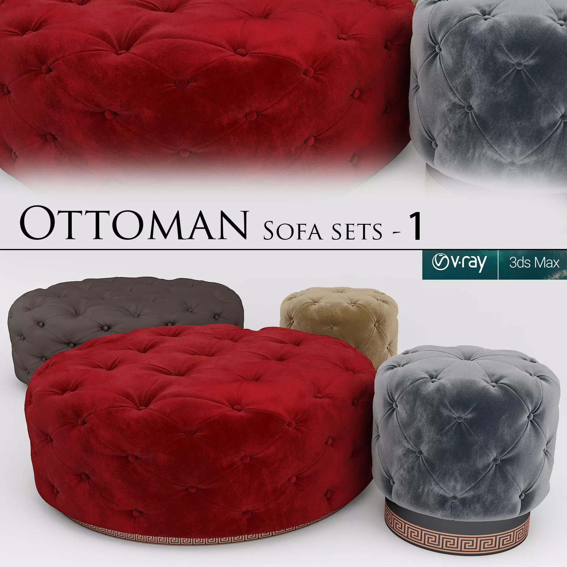 Ottoman set 1 four tufted ottomans Low-poly 3D model_0