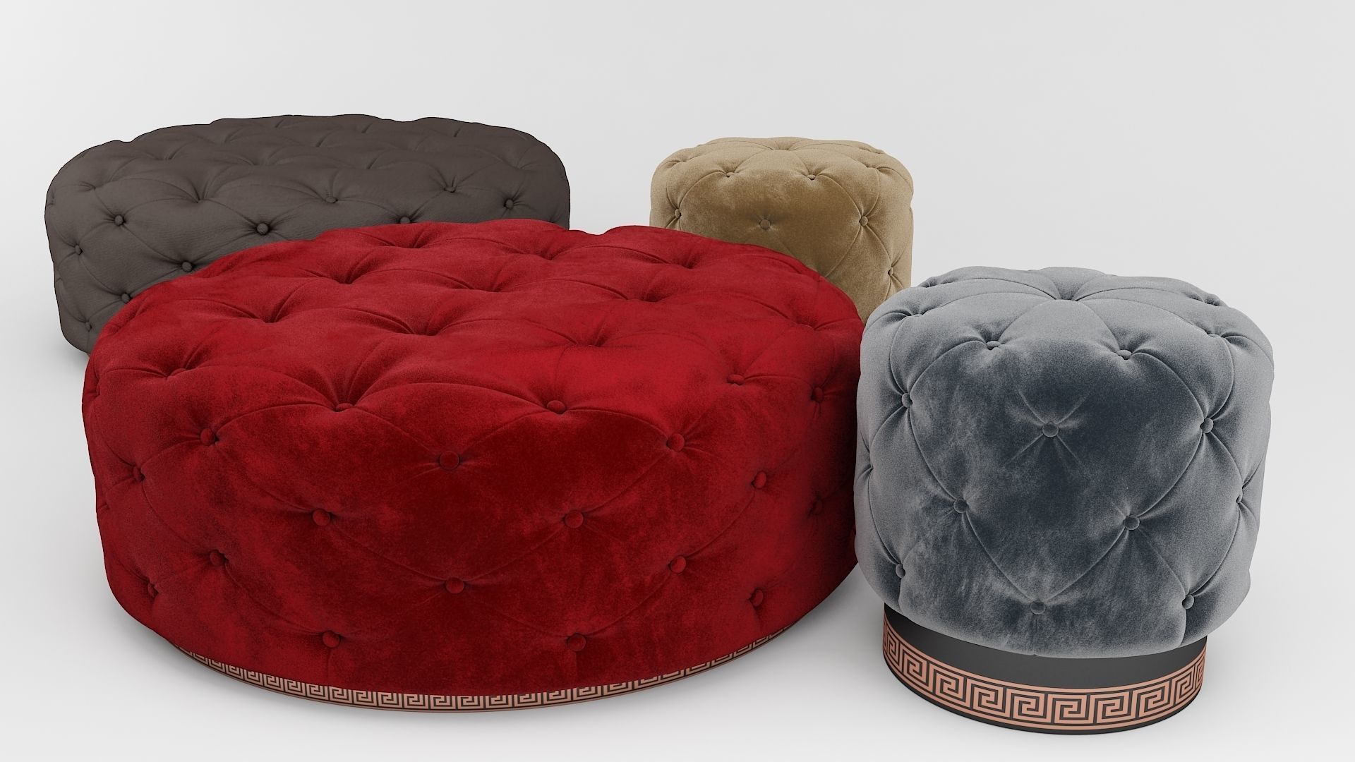 Ottoman set 1 four tufted ottomans Low-poly 3D model_1