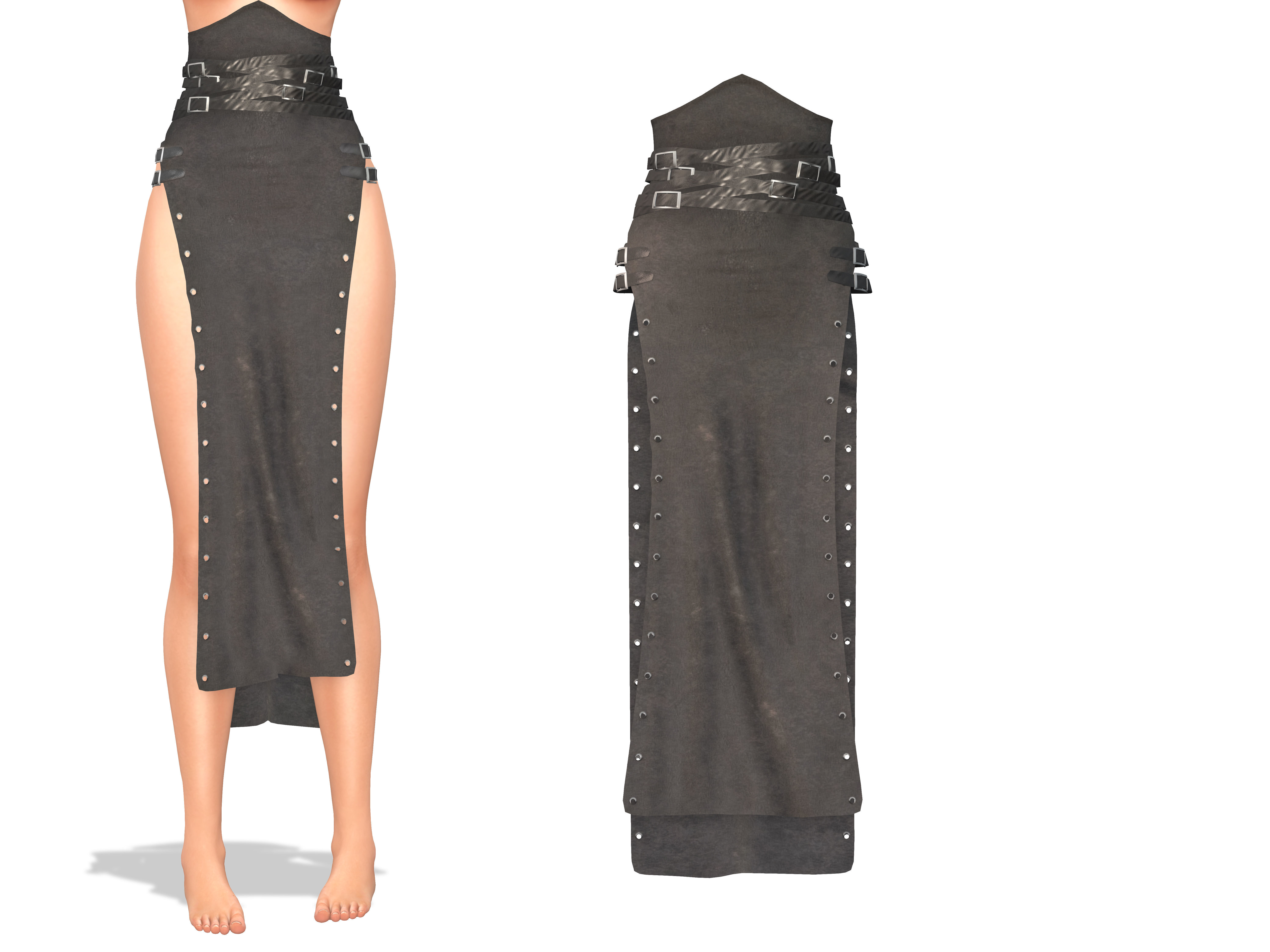 Belts Straps Decorated Double Front Slit Loincloth Long Skirt Low-poly 3D model_2