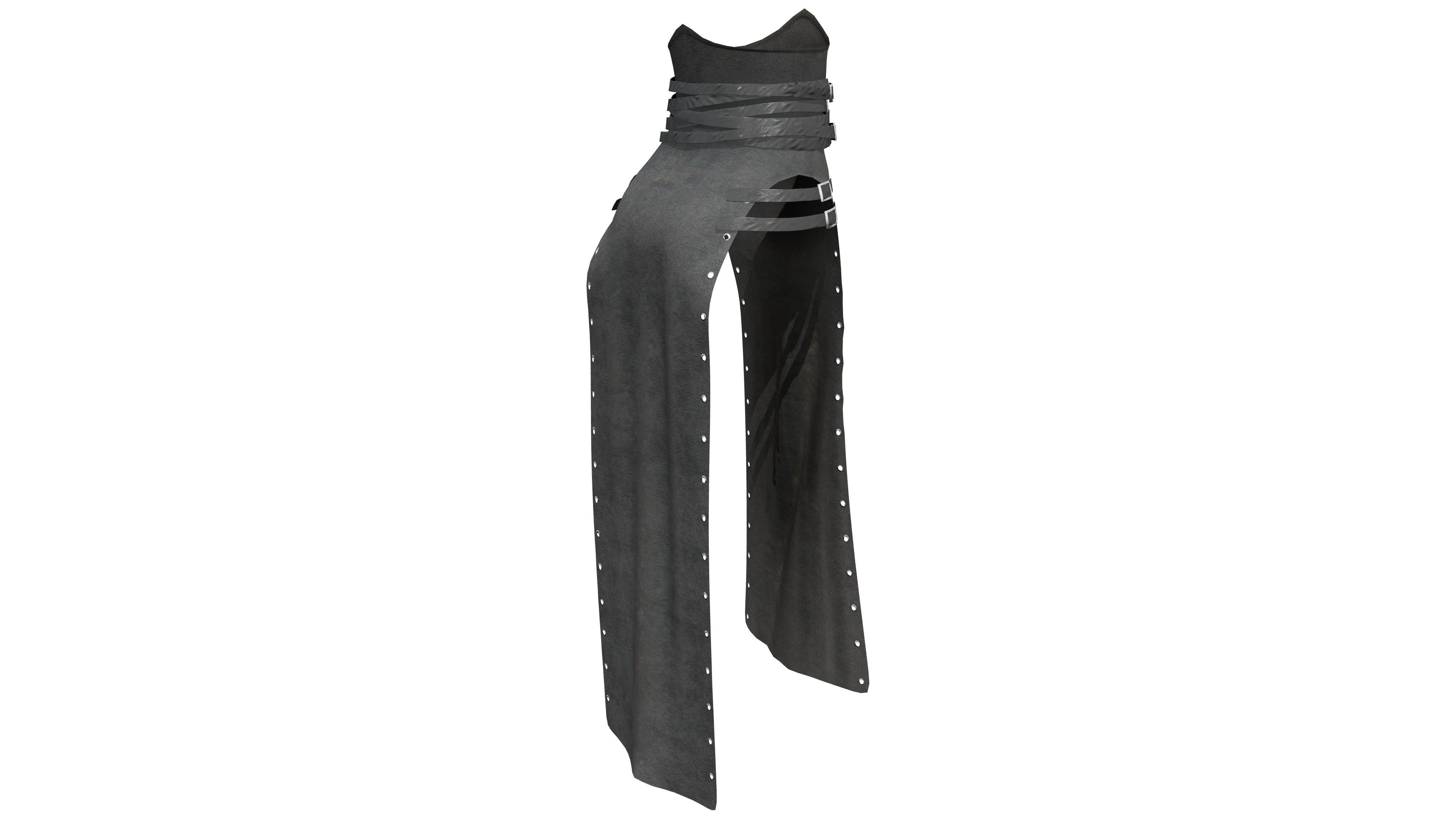 Belts Straps Decorated Double Front Slit Loincloth Long Skirt Low-poly 3D model_6