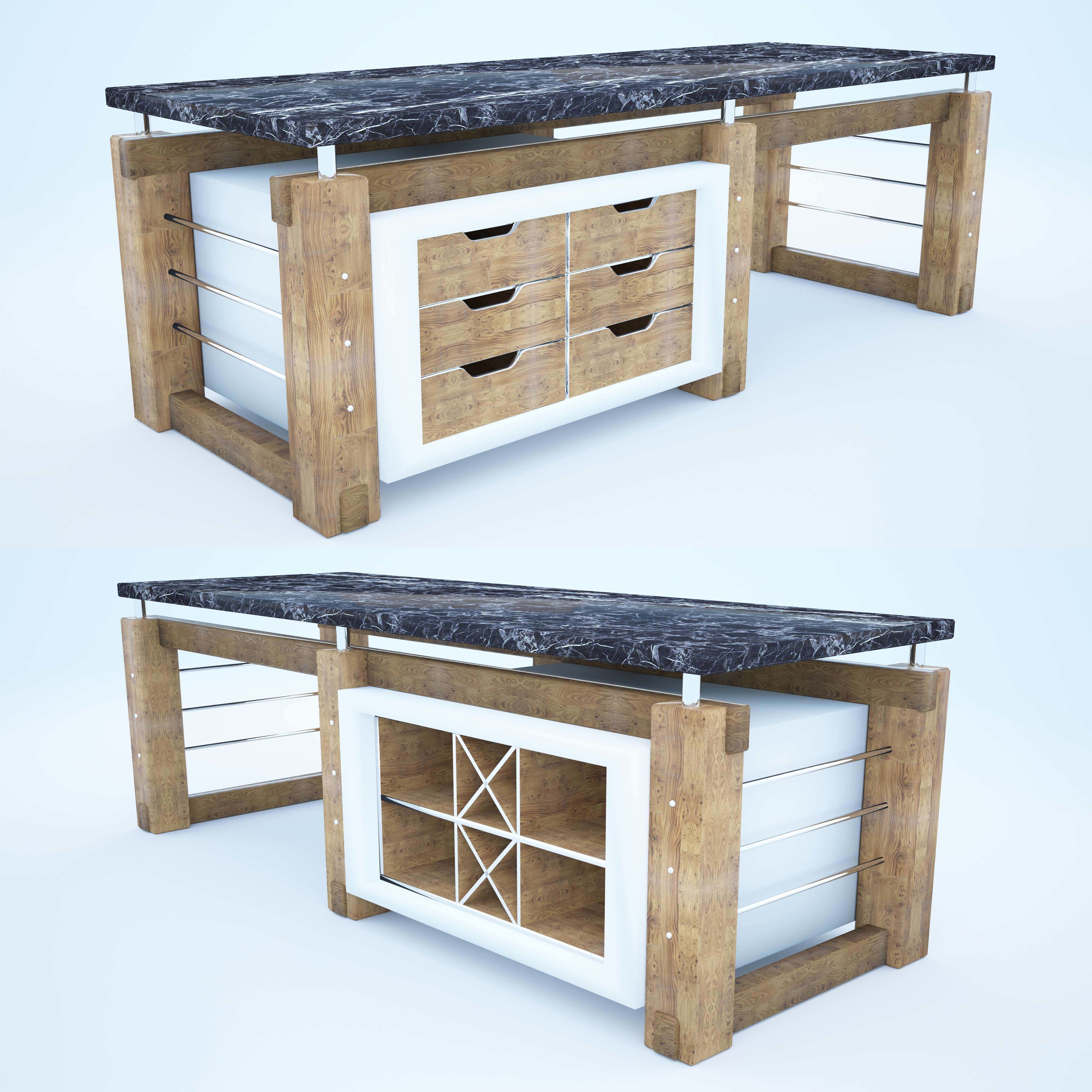 Island two different desks with drawers 3D model_1