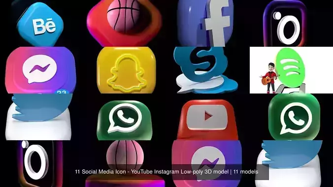 11 Social Media Icon - YouTube Instagram Low-poly 3D model 3D Model Collection