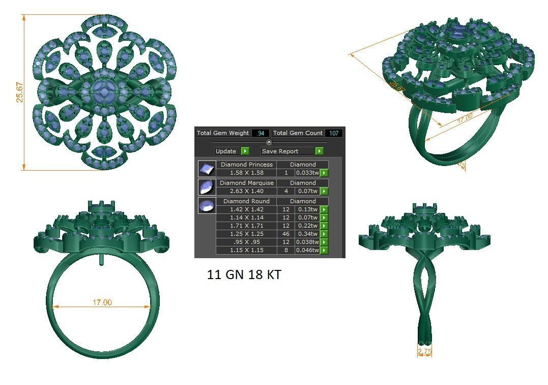Solitaire Engagement Wedding Ring Cluster Flower Ring 3D print model_1