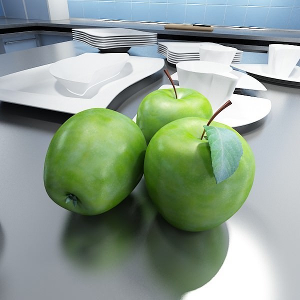 Green Apples in Decorative Metal Bowl 3D model_20