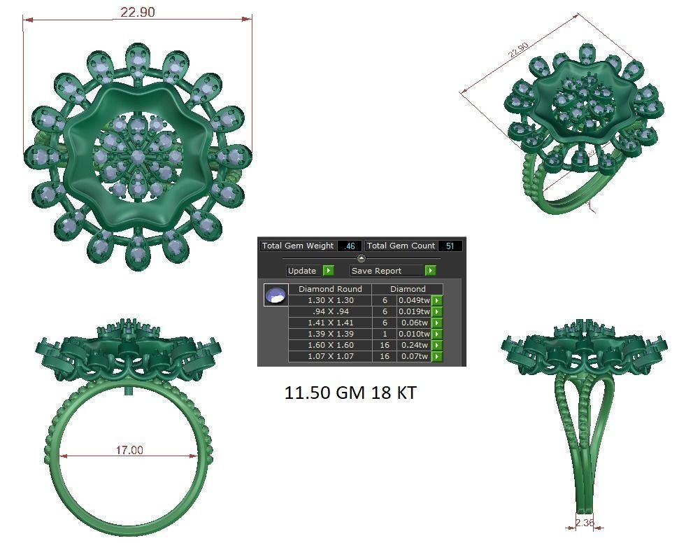 Solitaire Engagement Wedding Ring Cluster Flower Ring 3D print model_1