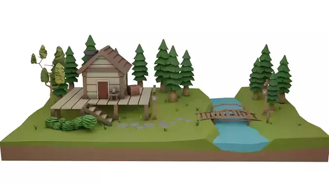 Low poly House in forest Free low-poly 3D model