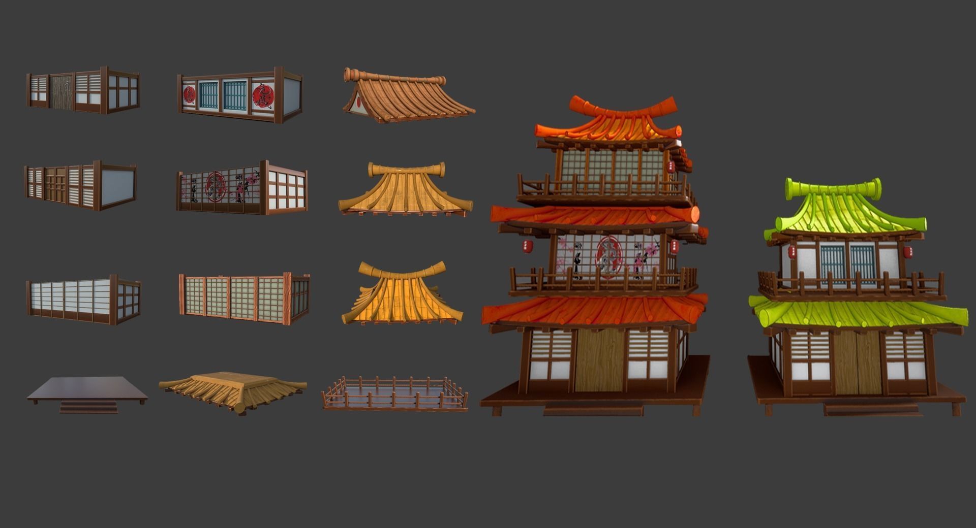 Modular Japanese medieval town Low-poly 3D model_2